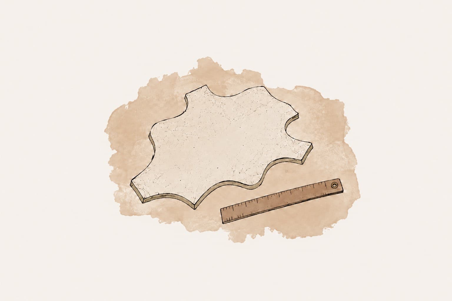 Hand drawn illustration of a full leather hide measured with a ruler