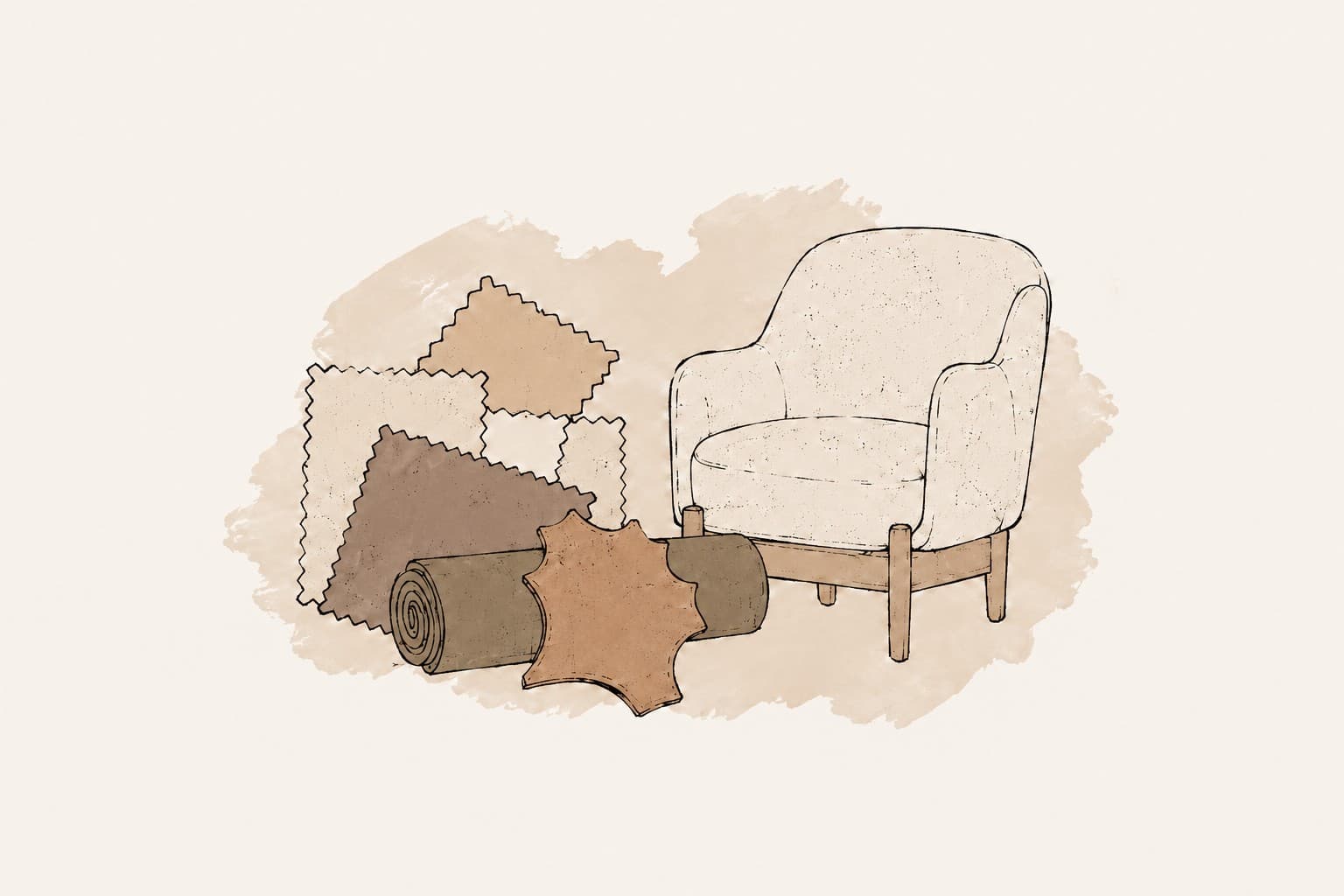 Hand drawn illustration of a lounge chair with customer's own fabric swatches and a leather hide
