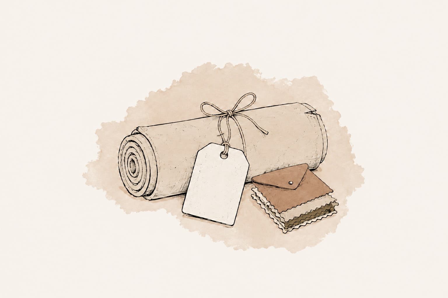Hand drawn illustration of a wrapped fabric roll with a blank shipping tag