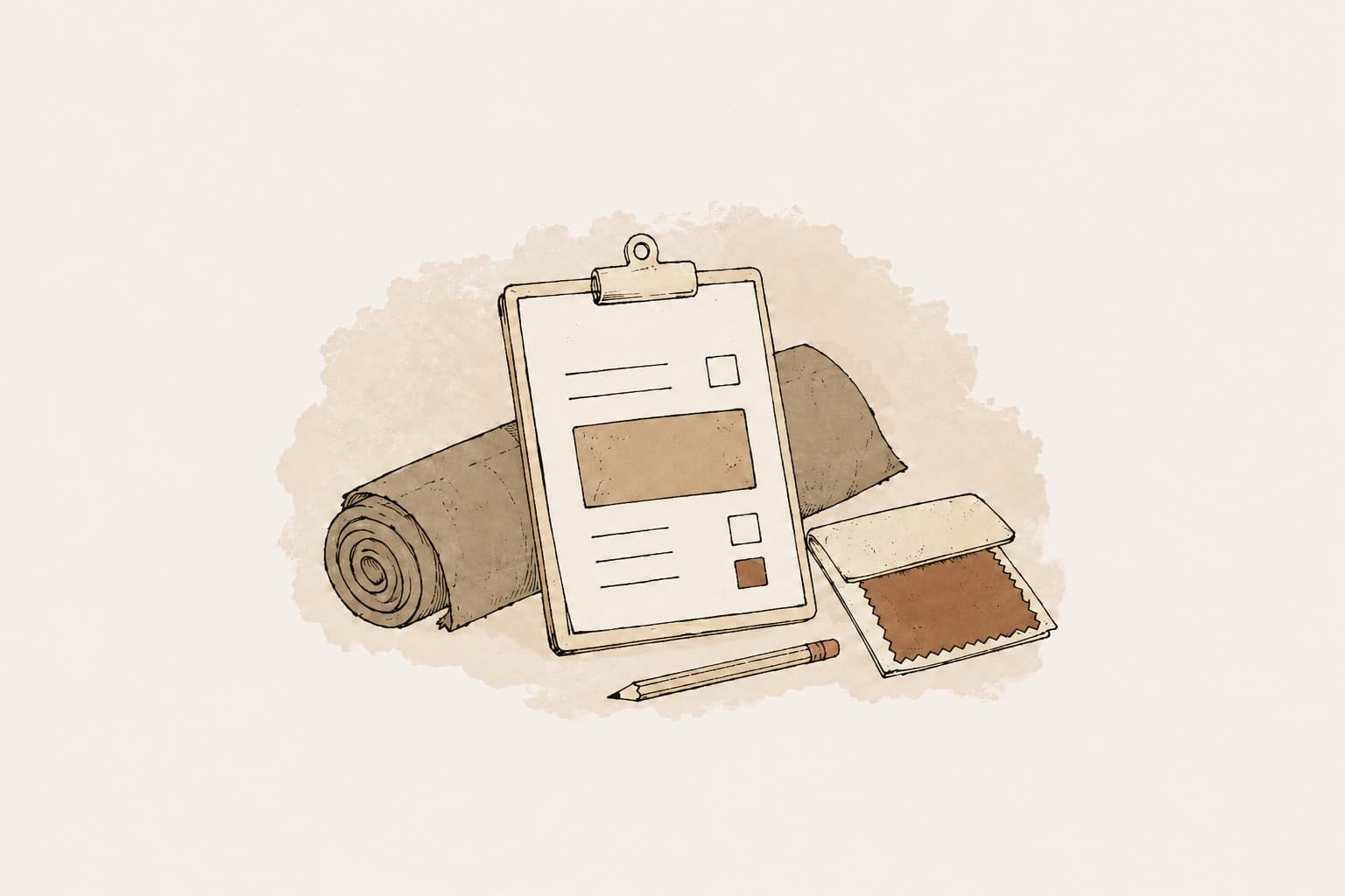 Hand drawn illustration of the COM form on a clipboard beside a fabric roll and swatch book