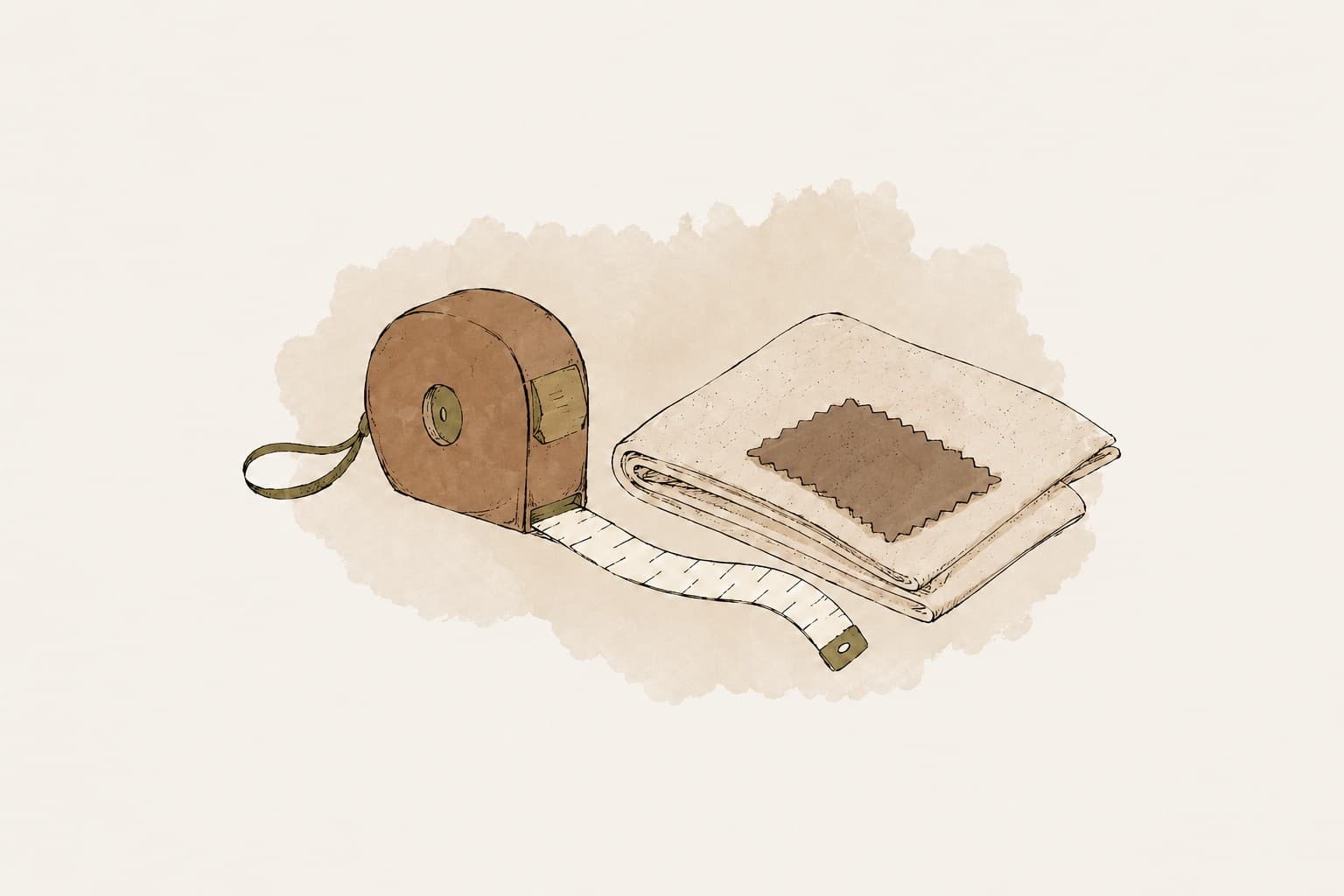 Hand drawn illustration of a tape measure beside folded upholstery fabric